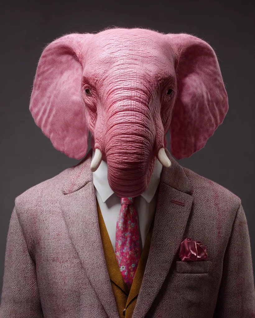 A pink elephant's head is seamlessly attached to a human body dressed in a pink suit and mustard yellow waistcoat. The elephant wears a pink floral tie and a matching pocket square. The image is a surreal portrait, showcasing the juxtaposition of an animal and human attire against a muted gray background.  The overall effect is both whimsical and slightly unsettling.
