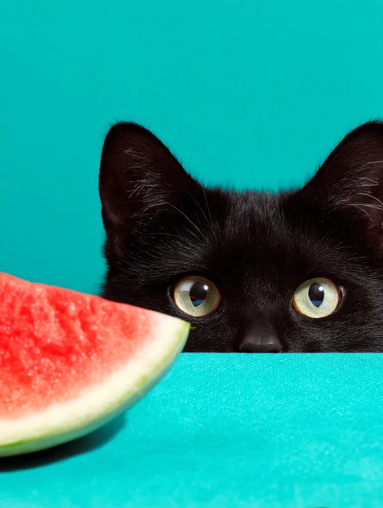 A curious black cat peeks over a teal surface, its large, bright eyes fixated on a juicy slice of watermelon positioned in the foreground. The vibrant contrast between the cat's dark fur, the red watermelon, and the turquoise backdrop creates a playful and summery mood.  The cat seems interested in the fruit, suggesting a humorous interaction between pet and treat.