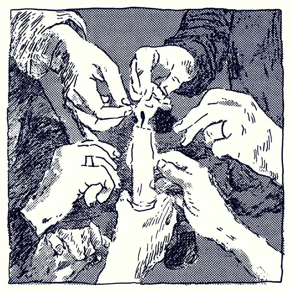 A stylized black and white illustration depicts multiple hands surrounding and manipulating a central object, possibly a candle or similar item. The hands are intricately detailed, showing individual fingers and wrinkles. The style is reminiscent of woodcuts or etchings, with bold lines and a textured background. The overall mood is mysterious and slightly unsettling.  The image focuses on the act of manipulation and the collaborative nature of the action.