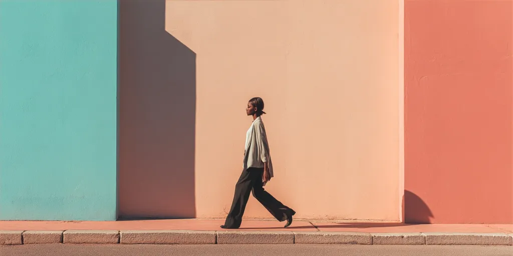 A woman in a light beige jacket and dark trousers walks along a sidewalk.  The background features a wall painted in sections of pastel blue, peach, and coral.  The sunlight casts a long shadow, emphasizing the woman's movement and the vibrant colors of the wall.  The scene is minimalist and stylish.