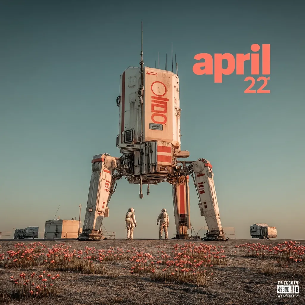 A large, white and red, futuristic walker-like machine stands in a desolate landscape under a pale sky. Two astronauts in white spacesuits observe it from a distance.  Pink flowers sparsely dot the ground.  The date "April 22" is prominently displayed, suggesting a release date or event. The overall aesthetic is sci-fi and slightly melancholic.