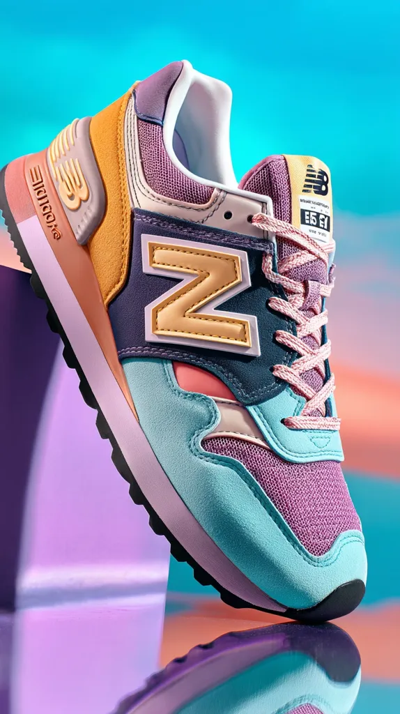 A close-up shot showcases a New Balance 550 sneaker in a pastel color scheme.  The shoe features a blend of light blue, purple, and mustard yellow suede and mesh, accented by a gold "N" logo. The laces are a light pink, and the sole is a contrasting off-white. The vibrant background hints at a playful, youthful aesthetic.