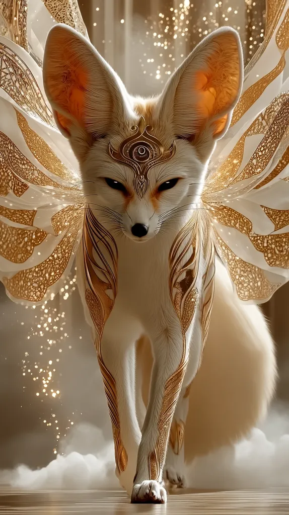 A majestic white fennec fox, adorned with intricate gold detailing on its legs and a golden headdress, gracefully walks forward.  Large, expressive ears frame its face.  It is surrounded by ethereal, gold-accented wings, and a soft, glowing mist creates a magical atmosphere. The overall effect is one of fantasy and elegance.