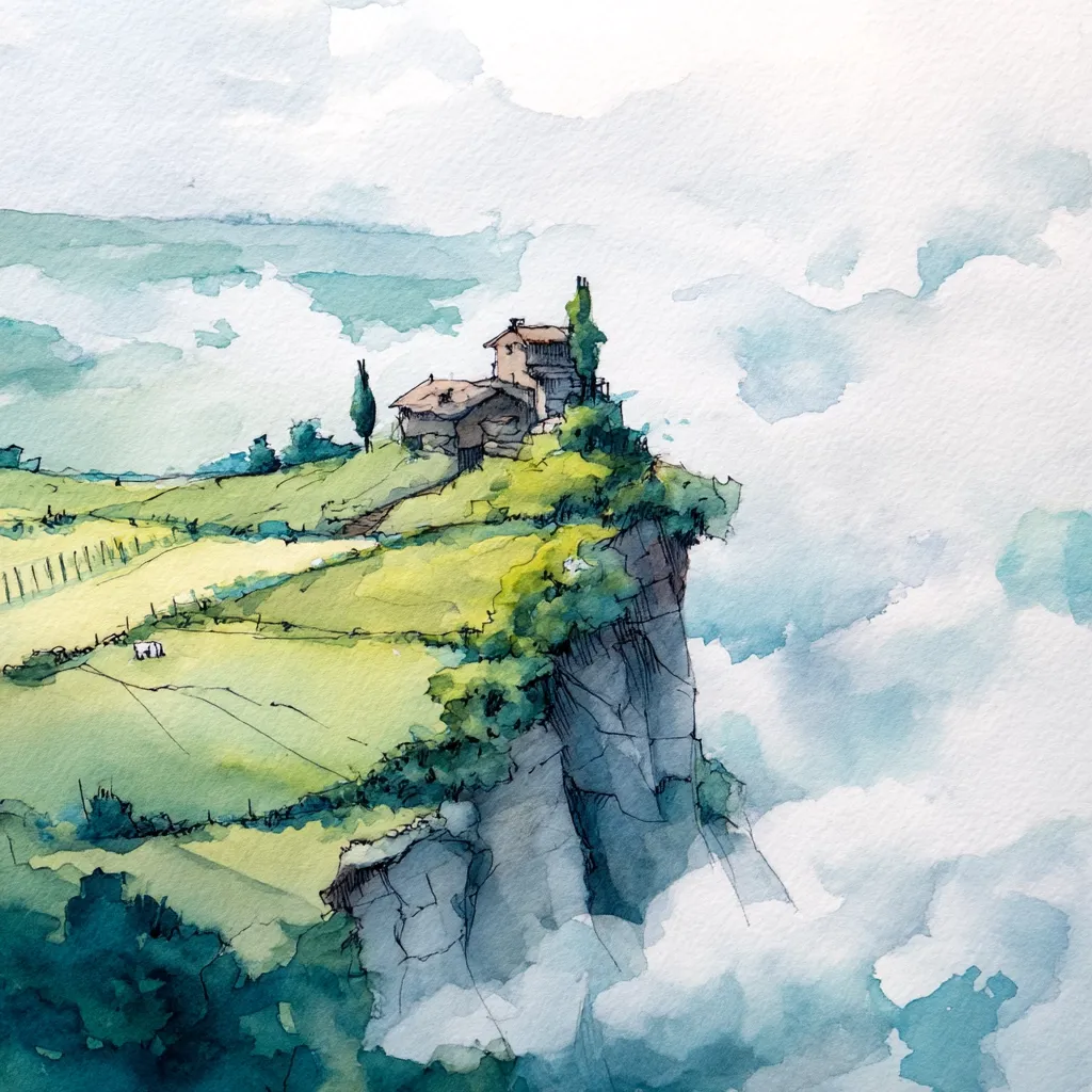 A watercolor painting depicts a tranquil scene. A cluster of houses nestles atop a verdant cliff, which dramatically overlooks a sprawling landscape of rolling hills and fields.  The cliff face is textured, and the sky is filled with soft, wispy clouds, suggesting a peaceful, possibly mountainous, environment. The overall style is impressionistic, emphasizing atmosphere and mood over precise detail.