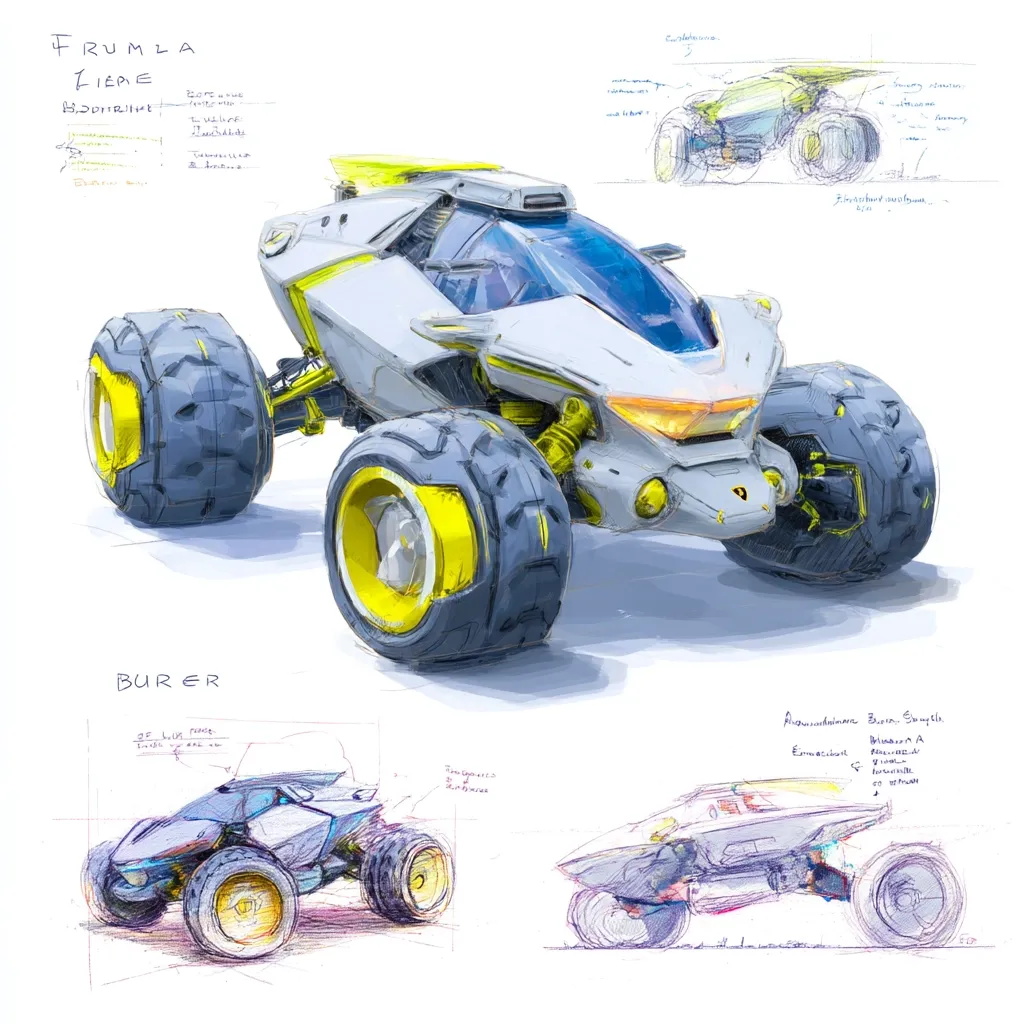 The image showcases concept art of a futuristic off-road vehicle, "Frumla Tieme,"  with various design sketches and notes.  The main illustration depicts a sleek, grey and yellow vehicle with large, rugged tires.  Accompanying sketches show different angles and potential designs, highlighting details like suspension and chassis. Handwritten notes suggest design specifications and iterations. The overall style is a blend of digital and traditional media, suggesting a creative process focused on vehicle design.