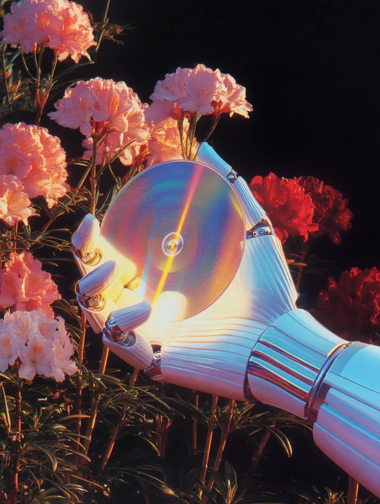 A robotic hand, gleaming white and metallic, gently cradles a shimmering compact disc amidst a vibrant garden.  Pink and red flowers surround the hand, their petals soft against the futuristic technology. The scene is bathed in warm, ethereal light, creating a surreal and dreamlike atmosphere.  The contrast between nature and artificial intelligence is striking yet harmonious.