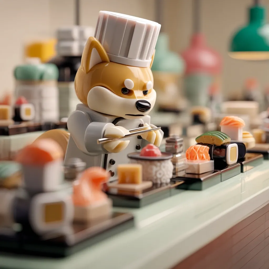 A Shiba Inu chef, wearing a white toque, meticulously prepares sushi at a miniature conveyor belt.  The scene is detailed, with various types of sushi displayed in vibrant colors. The dog's expression is serious and focused as it uses chopsticks to arrange the delicate food. The overall setting is a charming and whimsical depiction of a Japanese restaurant.