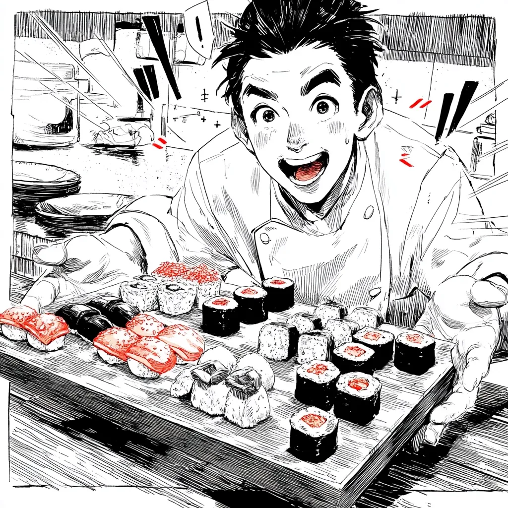 A jubilant chef, depicted in a dynamic black and white illustration, proudly presents a wooden board laden with an assortment of sushi.  The chef's expressive face and outstretched hands emphasize the deliciousness of the nigiri, maki, and gunkanmaki.  The background hints at a busy kitchen, adding to the overall lively atmosphere of the scene. The style is reminiscent of manga or graphic novel art.