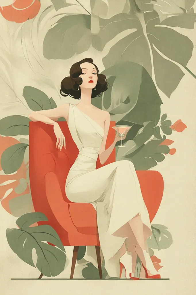 A stylish woman with dark, wavy hair sits elegantly in a coral armchair. She's dressed in a flowing, off-white one-shoulder gown and holds a cocktail glass.  The background features large, stylized leaves in muted greens, creating a lush, Art Deco-inspired setting.  Her posture is poised, and her red high heels add a pop of color. The overall style is reminiscent of vintage glamour illustrations.