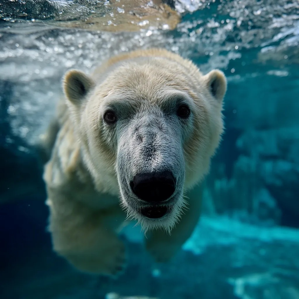 A polar bear's face is the focal point of this underwater close-up shot.  The bear, mostly submerged, gazes directly at the viewer with curious eyes. The water is a vibrant teal, and bubbles surround the bear's head, enhancing the underwater atmosphere. The image emphasizes the bear's texture and the contrast between its white fur and the dark water.