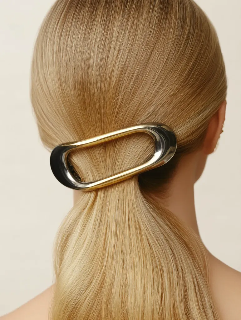 A woman with long, flowing blonde hair has a sleek, oval-shaped hair clip securing her hair. The clip is a combination of dark gray and gold, adding a touch of modern elegance.  The smooth, shiny hair is styled in a simple, yet sophisticated manner, highlighting the understated beauty of the accessory. The overall image is clean and minimalist, focusing on the hair and the single, statement piece.