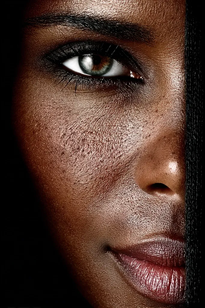 A close-up shot reveals half of a woman's face, her skin richly textured and dark-toned.  Her eye, accentuated by dark makeup, is captivating with a striking green iris.  The image is dramatic, with a dark background partially obscuring the other half of her face, focusing attention on the visible details of her skin and eye.  Her lips are full and softly colored.