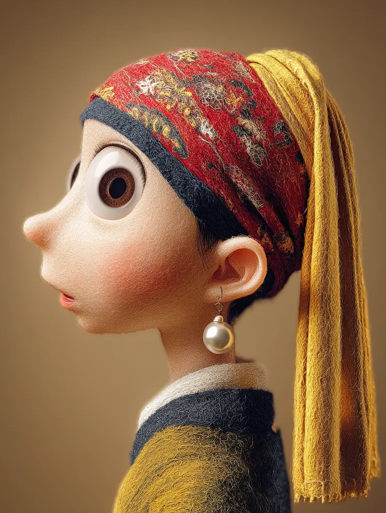 A stylized 3D rendering of a girl, reminiscent of Vermeer's "Girl with a Pearl Earring."  She has large, expressive eyes, a textured face, and wears a red and dark patterned headscarf with a long yellow drape.  A single, large pearl earring dangles from her ear, complementing her mustard-yellow collared garment. The image evokes a sense of gentle curiosity and timeless elegance.