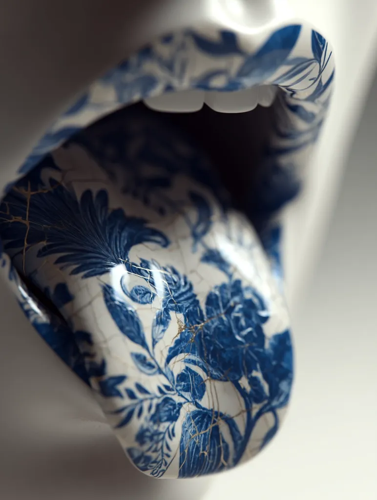 Close-up view of a stylized mouth and tongue. The lips and tongue are adorned with a cracked, blue and white porcelain-like pattern reminiscent of antique china.  The detailing is intricate, showing fine cracks in the surface, adding a sense of age and fragility to the otherwise smooth form. The image has a surreal and artistic quality.