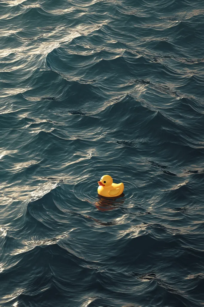 A lone, yellow rubber duck floats serenely on a dark, undulating ocean.  The water's surface is textured with small waves, creating a contrast between the toy's simplicity and the vastness of the sea. The scene is calming yet evokes a sense of isolation and the unexpected journey of a small object in a large world.  The lighting subtly highlights the duck, making it stand out against the deep blue.