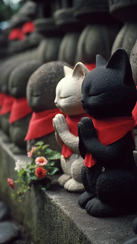 A row of small, stone cat statues sits on a wall, each adorned with a red scarf and in a prayer pose.  The cats are grey and black, and are nestled amongst blurred background details.  A small cluster of pink and red flowers sits at their feet, adding a touch of color to the scene.  The overall feel is serene and slightly mystical.