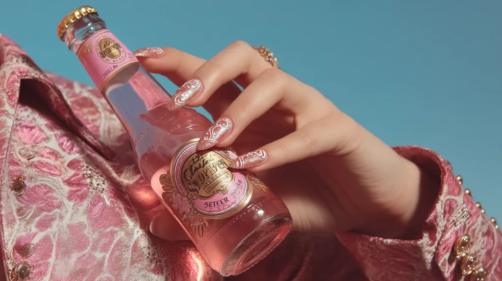 A hand with glittering pink and gold nail art holds a bottle of Le Château Shoppeiser Seeter Spritz.  The bottle is pink, and the label features ornate gold detailing. The hand is wearing a pink brocade jacket. The background is a bright, clear blue.  The overall aesthetic is glamorous and feminine.
