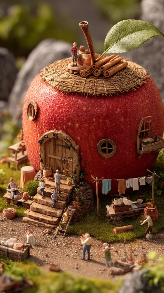 A whimsical miniature village is nestled within a giant red apple.  Tiny figures go about their daily lives; some tend to a small market, others climb the stone steps leading to the apple house's wooden door.  Cinnamon sticks adorn the thatched roof, and laundry hangs on a clothesline. The scene is idyllic and brimming with charming detail, creating a captivating fairytale-like atmosphere.