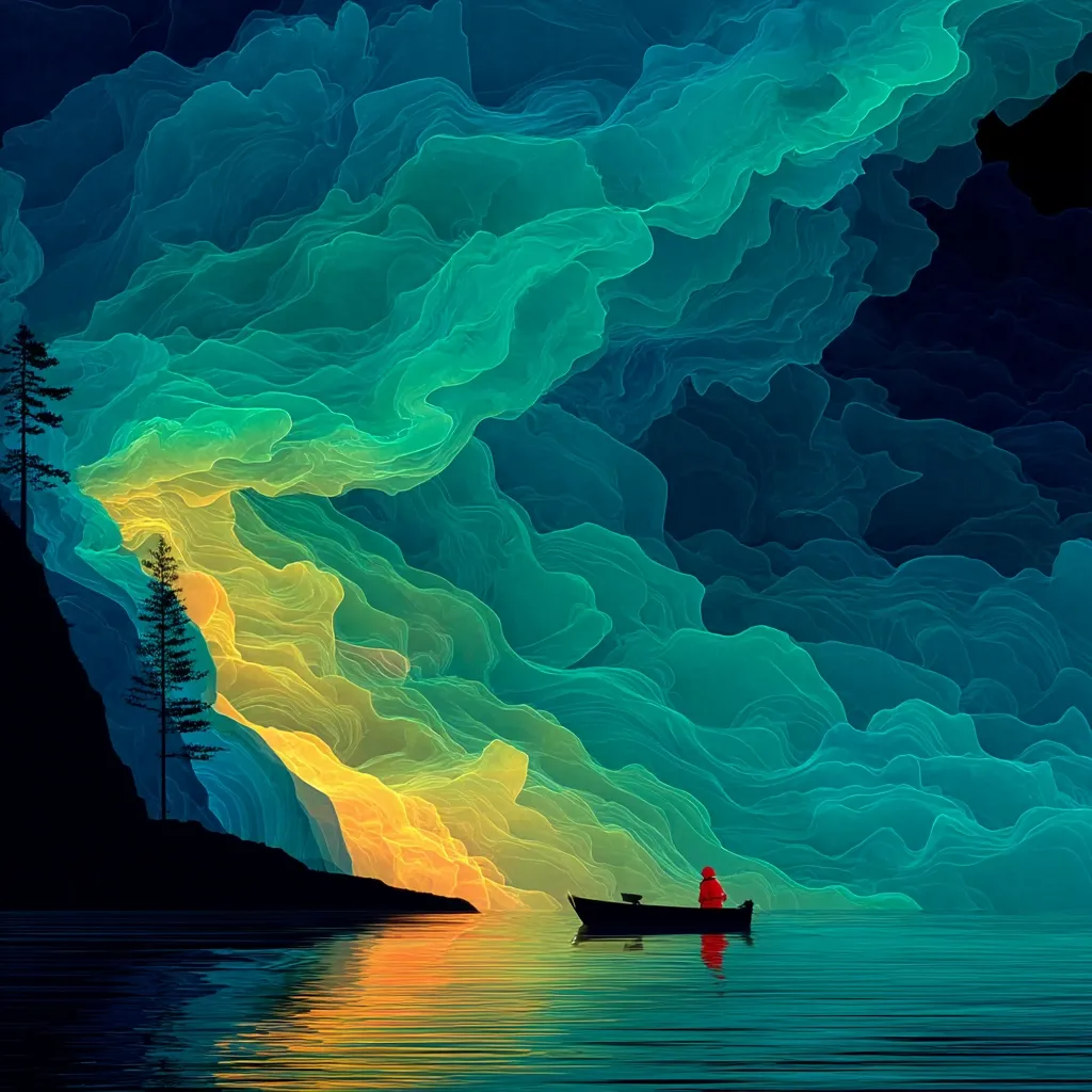 A stylized illustration depicts a serene scene: a small boat carrying a lone figure in red clothing rests on calm water, nestled beside a dark, silhouetted shoreline.  Two evergreen trees stand atop the cliff.  The backdrop is a breathtaking, abstract aurora borealis, rendered in vibrant teal, green, and yellow hues, creating a dreamlike atmosphere. The overall style is minimalist and evocative.