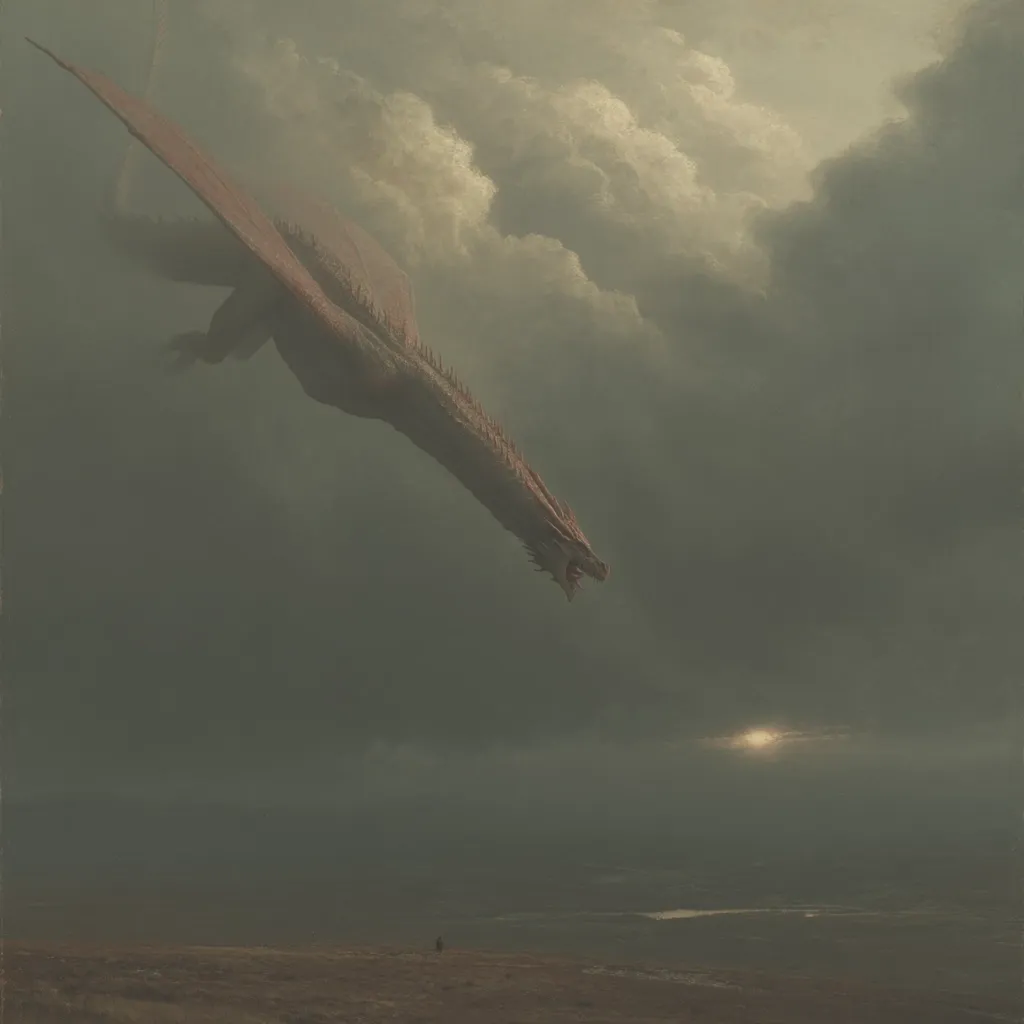 A colossal, reddish-brown dragon descends from a cloudy sky, its massive form dominating the landscape.  Below, a lone, tiny figure stands on a desolate, flat expanse of land, seemingly dwarfed by the approaching beast. A faint, distant sun peeks through the clouds, casting a muted light on the scene, creating an atmosphere of impending doom or awe. The overall mood is one of epic scale and ominous foreboding.