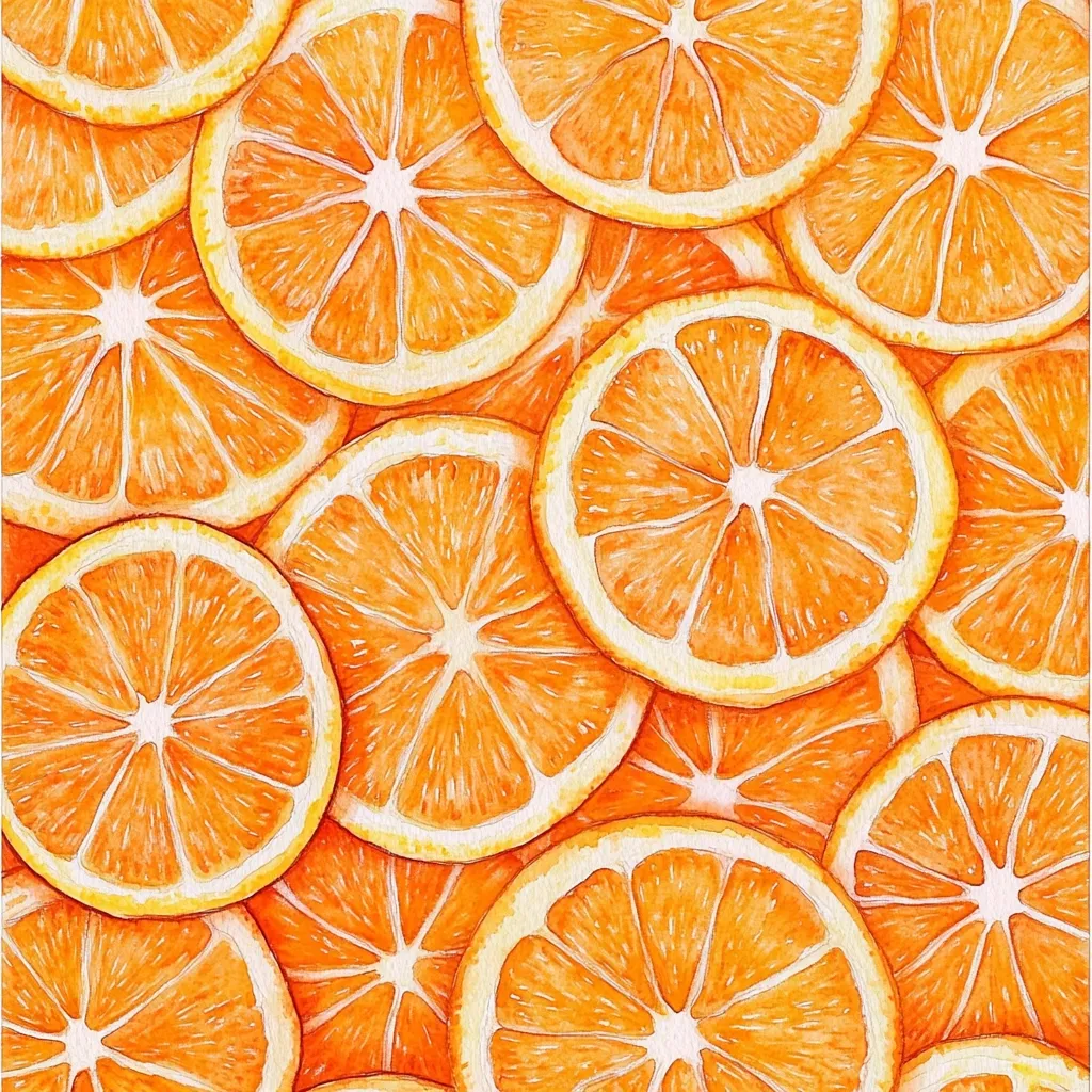 A vibrant watercolor painting depicts a dense arrangement of orange slices.  The juicy, bright orange segments overlap, creating a visually appealing texture.  The painting's style is realistic, showcasing the natural details of the fruit, including the segments and the slight variations in color.  The overall effect is one of freshness and abundance.