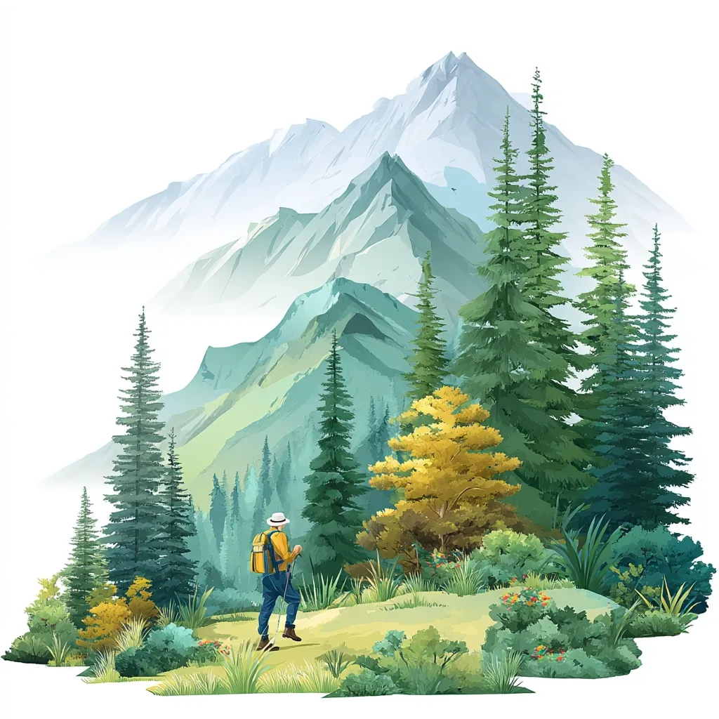 A hiker with a backpack and trekking poles walks a trail through a lush forest. Towering evergreen trees and a vibrant yellow shrub surround the path.  In the background, majestic snow-capped mountains rise, creating a serene and picturesque landscape.  The scene is rendered in a painterly style, with soft gradients and detailed foliage.