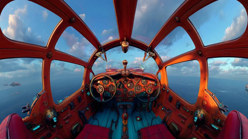 A steampunk-style aircraft cockpit offers a panoramic view of a vast ocean under a partly cloudy sky. The interior is crafted from rich, reddish-brown wood, accented with gleaming brass and turquoise details.  Multiple portholes provide expansive views, while the intricate dashboard displays an array of gauges and controls.  Other similar vessels are visible in the distance, adding to the surreal, fantastical atmosphere.