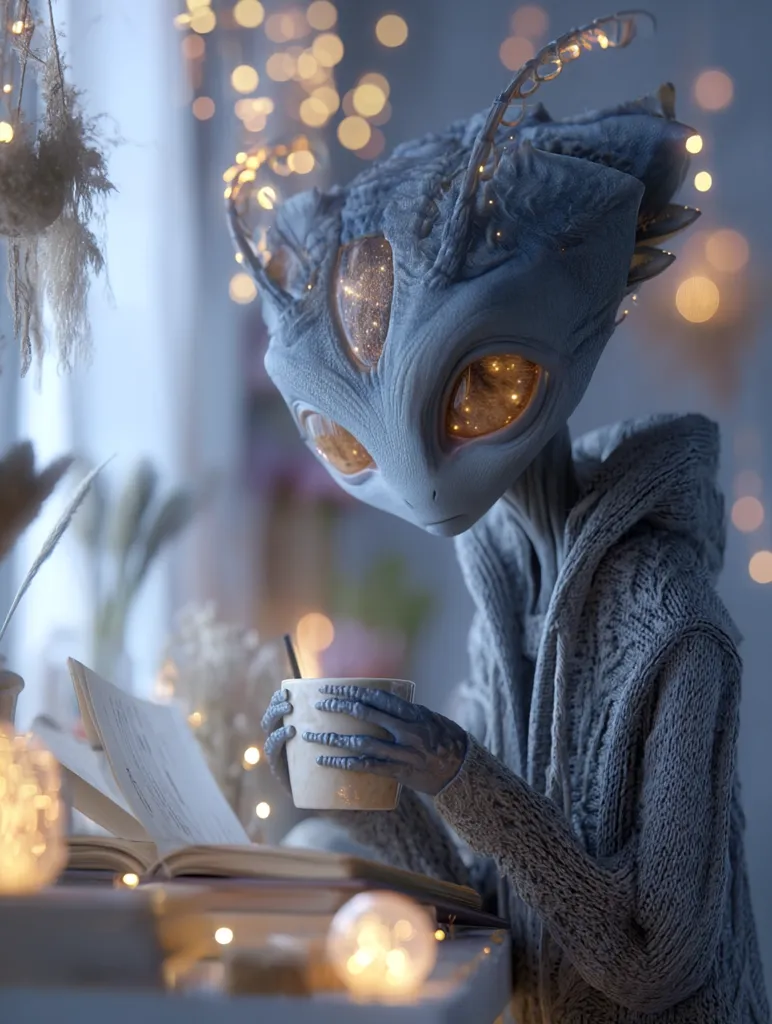 An alien creature, with large, luminous eyes and intricate head ornamentation, sits cozily in a grey knitted sweater.  Fairy lights twinkle around it as it reads a book and holds a warm mug, creating a serene and magical atmosphere. The scene is filled with soft light and a whimsical, comforting ambiance.  The alien's hands delicately hold the mug, conveying a sense of peace and contemplation.