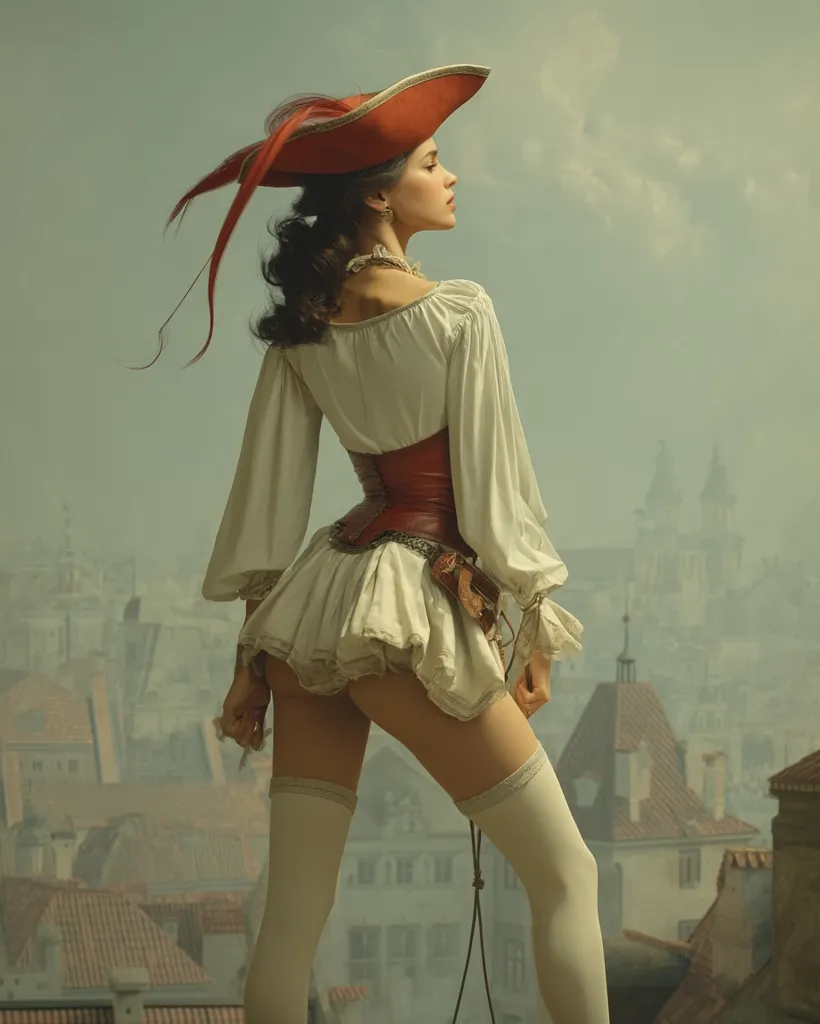 A woman, dressed in a pirate-inspired costume, stands on a rooftop overlooking a hazy cityscape.  She wears a billowing white shirt, a fitted red corset, and a wide-brimmed red hat adorned with feathers.  Her white stockings and the muted background create a dramatic, almost ethereal, atmosphere.  The overall style evokes a romantic and adventurous feel.