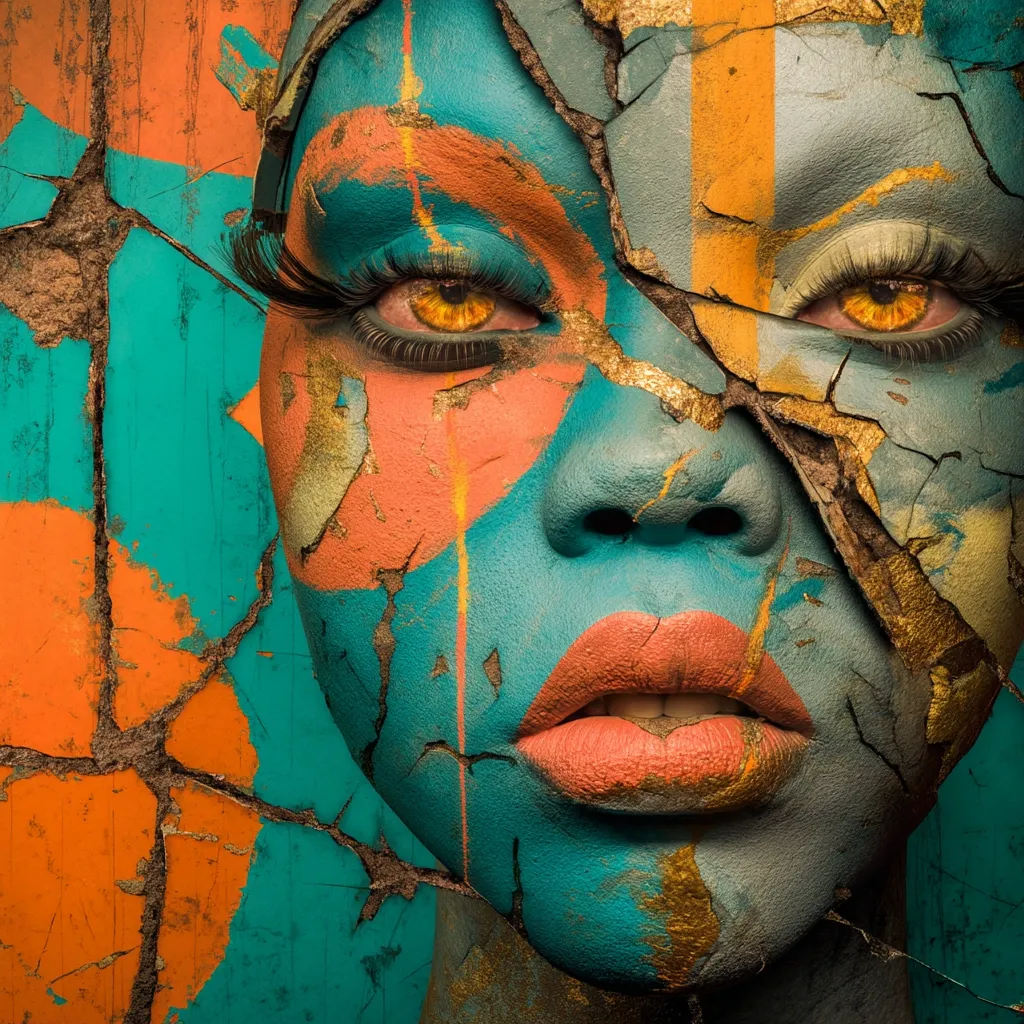 A close-up of a face, artistically painted in teal, orange, and gold, appears cracked and textured like aged paint on a wall.  The eyes, with striking orange irises and defined lashes, are the focal point.  The style is abstract and evokes a sense of both beauty and decay, hinting at themes of resilience or the passage of time.