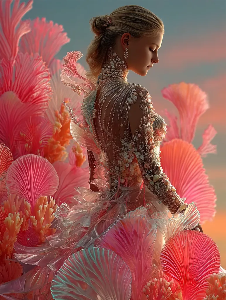 A blonde woman in an intricately beaded, translucent gown stands amidst a field of vibrant coral-like flowers.  The dress, adorned with pearls and shell-like accents, mimics the organic forms of the surrounding flora.  Her pose is serene and contemplative, her gaze directed downward.  The overall setting evokes a dreamlike, underwater fantasy.