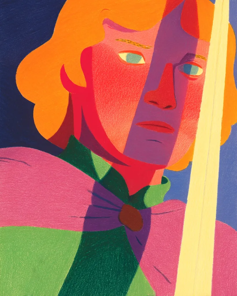 A stylized portrait of a young person with vibrant orange hair, partially obscured by a bright yellow object, possibly a sword or staff.  The figure wears a multicolored cloak in shades of pink, green, and purple.  The face is rendered in bold, contrasting colors of red and purple, creating a striking and somewhat geometric effect.  The overall style suggests a modern interpretation of a classic figure.