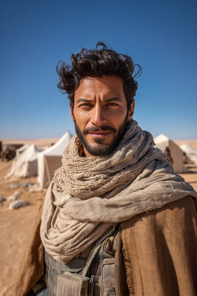 A man with dark, curly hair and a beard stands in a desert landscape. He wears a tan robe and a large, loosely draped beige scarf.  White tents are visible in the background under a clear blue sky. His expression is serious and direct, gazing intently at the viewer. The overall setting suggests a nomadic or desert-dwelling culture.
