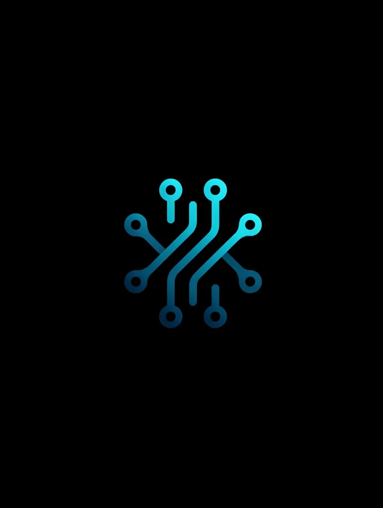 A stylized logo features a central motif resembling a circuit board or network.  Interconnected lines and nodes form a symmetrical pattern, suggestive of technological connectivity and data flow. The teal color gradient adds a modern, digital aesthetic against a stark black background.  The design is minimalist and clean, ideal for a tech company or related brand.