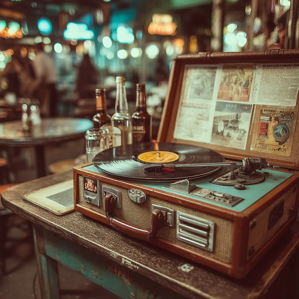 A vintage portable record player sits on a rustic wooden table in a dimly lit bar.  Bottles of liquor are subtly positioned behind it. The record player's lid is open, revealing its interior and showcasing a vinyl record playing. The background is blurred, indicating a lively atmosphere with bokeh lights and indistinct figures. The scene evokes a nostalgic and atmospheric ambiance.