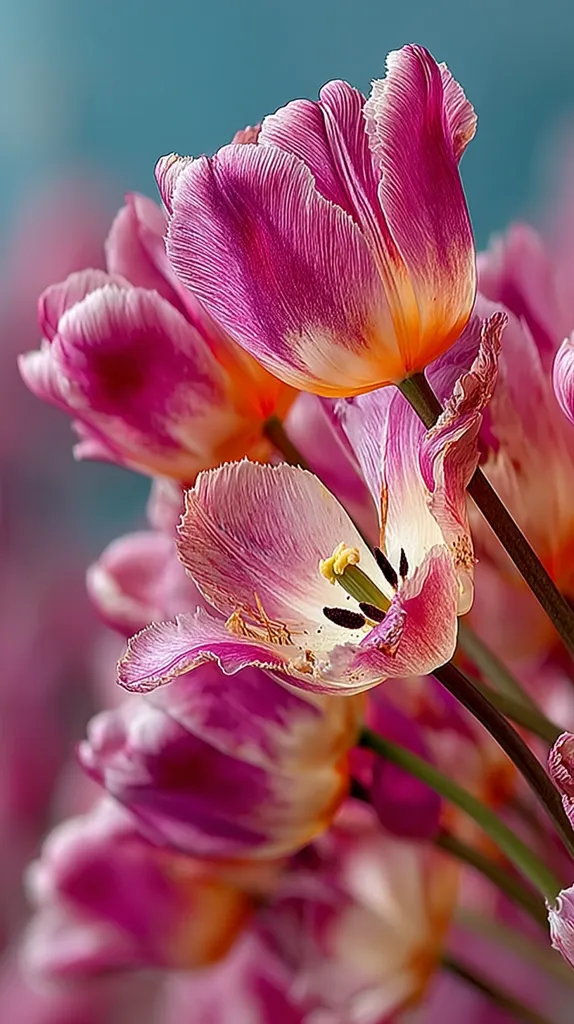 A close-up shot reveals a bouquet of vibrant pink and orange tulips.  The petals display delicate, ruffled edges and a gradient of color, transitioning from deep pink to soft, creamy orange at the base. The tulips are in sharp focus, highlighting their intricate texture, while the background softly blurs, drawing attention to the blossoms' beauty.  The stems, dark and slender, add to the image's overall elegance.