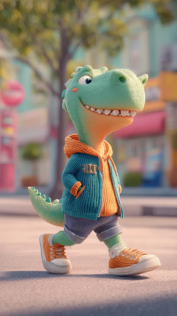 A cute, cartoon dinosaur, sporting a teal and orange knitted sweater and orange sneakers, strolls down a city street.  Its friendly expression and casual attire create a charming and whimsical image. The background is slightly blurred, focusing attention on the adorable dinosaur character.  The scene evokes a feeling of warmth and playfulness.