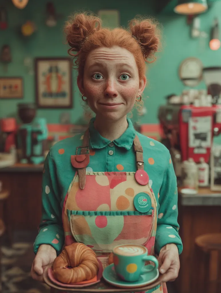 A charming, freckled redhead girl with her hair in top buns stands in a retro-style cafe.  She's wearing a colorful, patterned apron and teal shirt, and holds a tray with a croissant and a cup of cappuccino.  The cafe's ambiance is vintage and whimsical, with teal walls and retro-style equipment.  Her expression is friendly and welcoming.