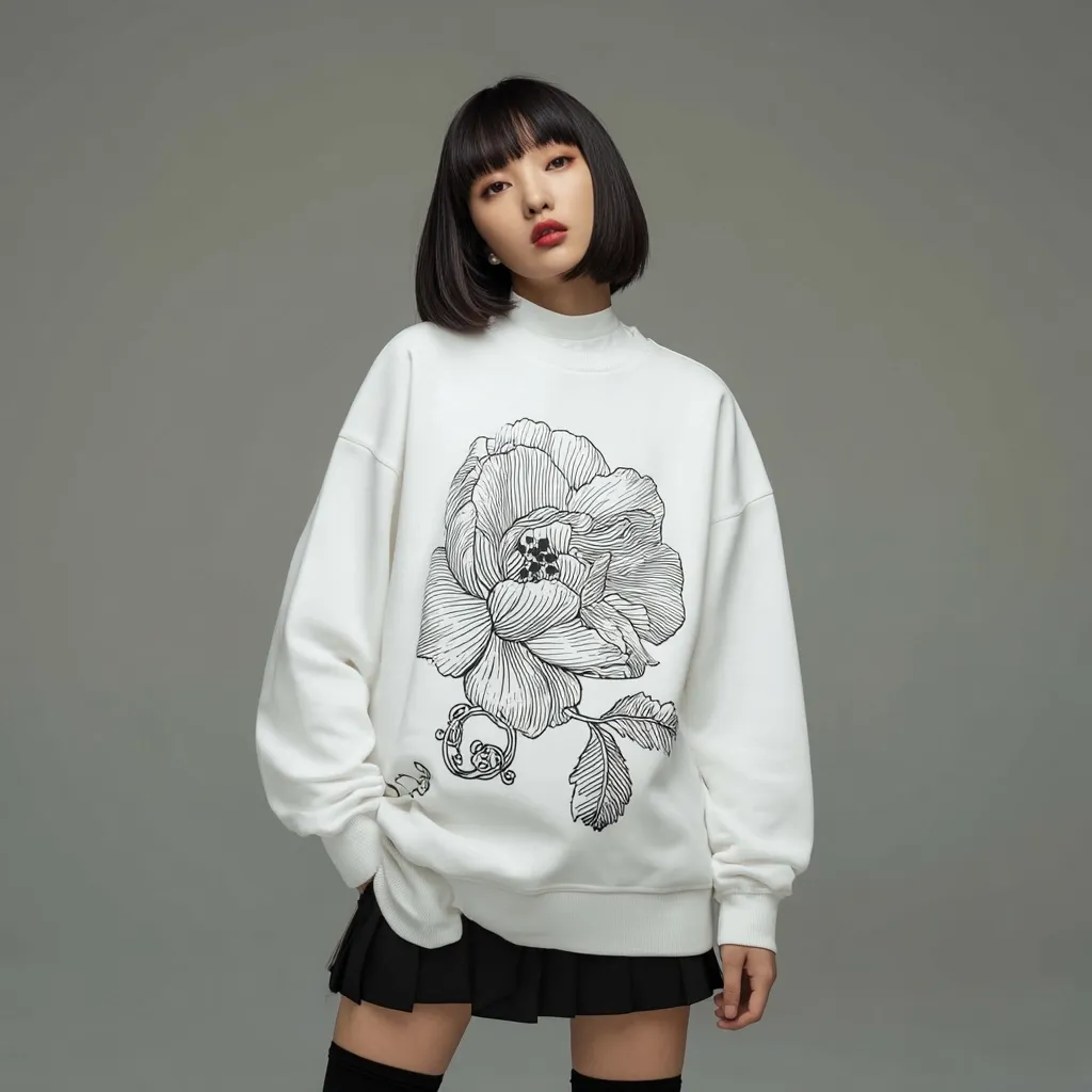 A young woman with short black hair models a cream-colored oversized sweatshirt.  The sweatshirt features a large, black line drawing of a peony flower.  She pairs the sweatshirt with a black pleated mini skirt and black knee-high socks.  The overall style is casual yet chic.