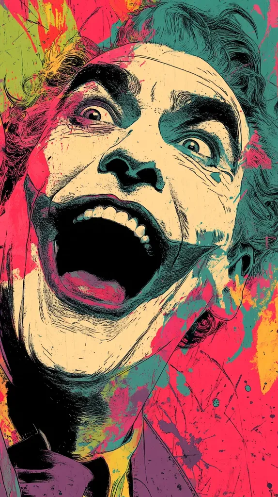 A vibrant, stylized portrait of the Joker, his face contorted in a wide, manic grin.  The artwork is a blend of detailed linework and bold splashes of color in shades of teal, pink, yellow, and orange.  The Joker's wild hair and intense eyes add to the chaotic energy of the piece.  The overall effect is a dynamic and unsettling image.