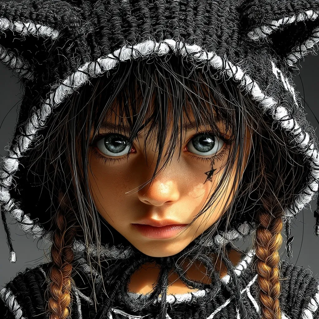 A close-up digital painting depicts a young girl with striking grey eyes and dark hair.  She wears a dark, textured hooded garment with frayed edges and small, animal-like ears.  Her expression is serious, almost pensive.  A small star-shaped marking is visible on her cheek. The overall style is realistic with a touch of fantasy.
