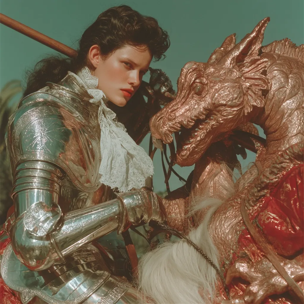 A woman, dark-haired and fair-skinned, is depicted in shining silver armor, astride a fantastical, copper-toned dragon.  Her elegant white lace collar contrasts with the metallic gleam of her suit. The scene is evocative of a fairytale or Renaissance painting, with a slightly surreal and dreamlike quality.  A long, dark pole or lance rests near her shoulder.