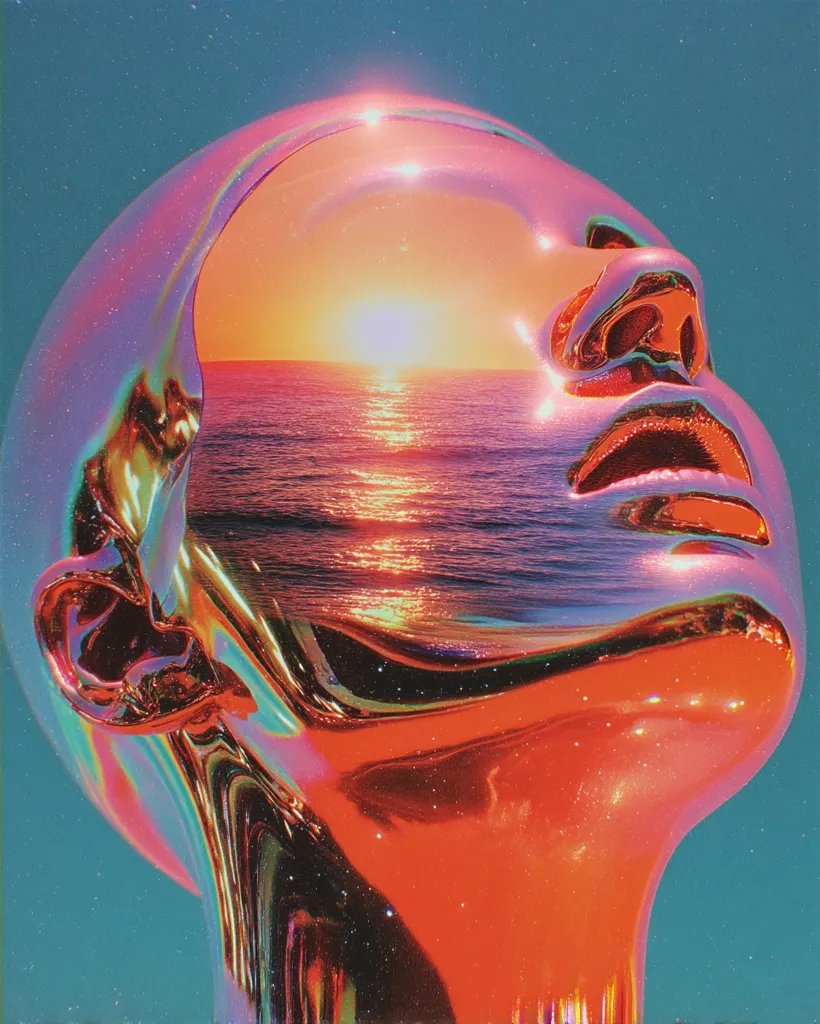 A vibrant, surreal artwork depicts a metallic head, seemingly sculpted from polished copper or bronze, its surface reflecting iridescent hues.  Inside the head, a breathtaking sunset over a tranquil ocean is visible, creating a dreamlike fusion of inner and outer worlds. The overall aesthetic is psychedelic and calming, blending metallic texture with the soft glow of the sunset.