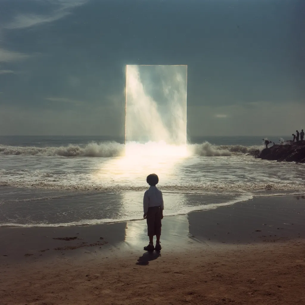A young child stands on a sandy beach, gazing at a luminous rectangular portal seemingly emerging from the ocean waves.  The portal glows brightly, contrasting with the muted colors of the sky and sea.  In the distance, small figures are visible on the shore. The scene evokes a sense of mystery and wonder, suggesting a transition or journey into the unknown.