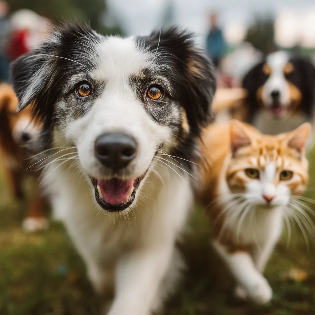 A happy border collie dog is in the foreground, mouth open in a joyful expression.  A ginger and white cat walks behind it, slightly out of focus.  Other dogs and blurred human figures are visible in the background, suggesting a playful outdoor scene, possibly a dog park or walk.  The overall mood is one of carefree fun and companionship between pets.