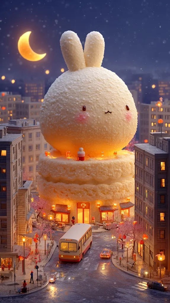 A giant, adorable snow bunny, layered like a cake, sits in the center of a miniature city at night.  Warm, inviting lights illuminate the buildings and streets below, creating a cozy atmosphere.  A crescent moon hangs in the sky, adding to the enchanting scene.  Small figures and vehicles complete the charming, whimsical diorama.