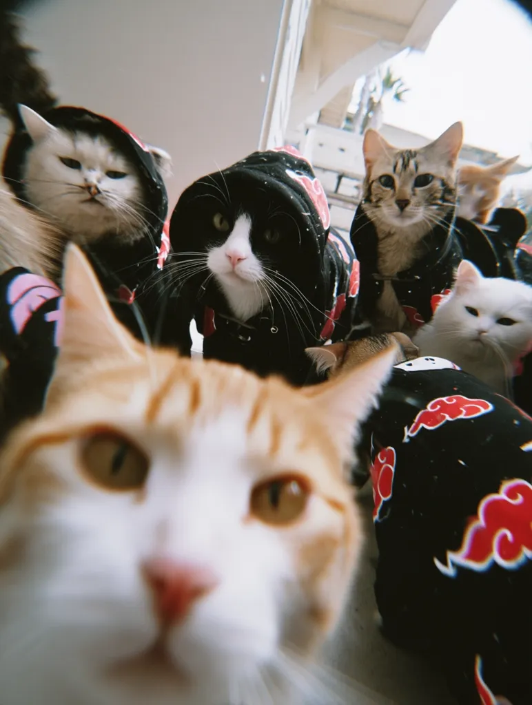 A group of cats, dressed in black hoodies adorned with red cloud patterns, gather closely.  The foreground features an orange and white cat looking directly at the camera, while the other cats, including a tuxedo cat and a tabby, are slightly out of focus.  The setting appears to be outdoors, near a building. The image has a playful, slightly blurry quality.