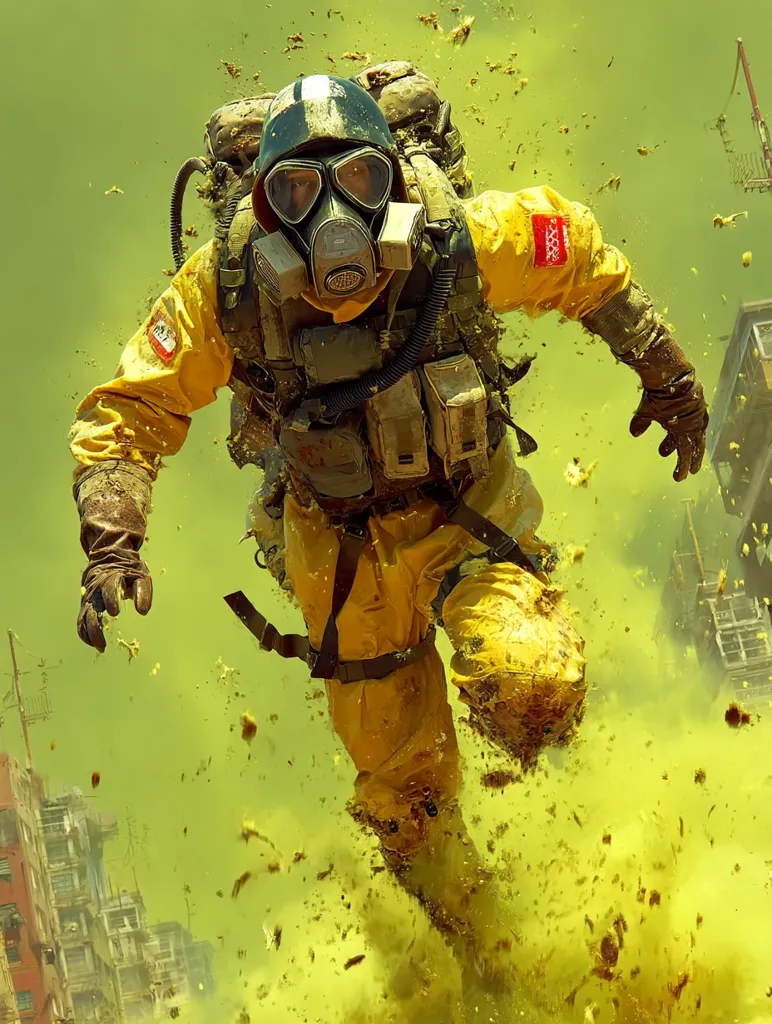 A figure in a yellow hazmat suit and gas mask runs through a toxic yellow cloud.  Mud and debris are splattered across the suit and the surrounding environment.  The backdrop suggests a ruined cityscape, implying a post-apocalyptic or disaster-stricken setting. The image is dynamic, emphasizing speed and a sense of urgency.