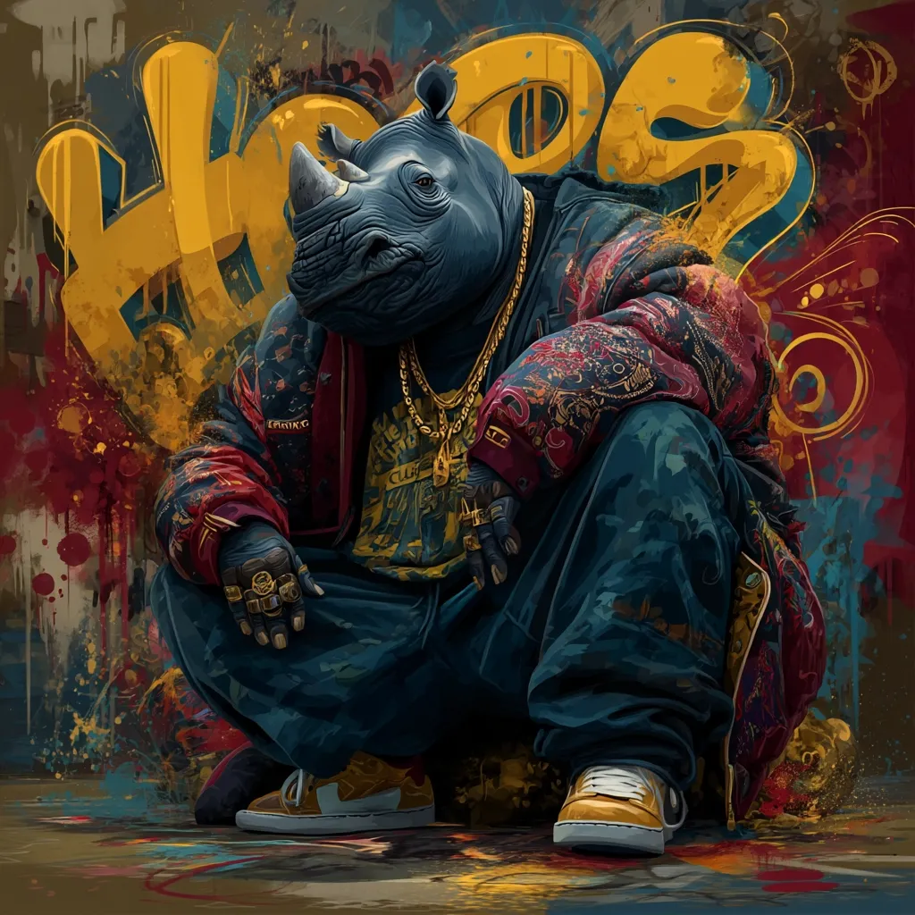 A rhinoceros, depicted in a hip-hop style, is the central figure of this vibrant digital artwork.  Clad in a richly patterned jacket and gold chains, the rhino sits against a backdrop of graffiti-style lettering and splashes of color.  The image blends realistic rendering of the animal with bold, stylized elements, creating a unique and striking composition.  The overall mood is one of confident swagger and urban coolness.
