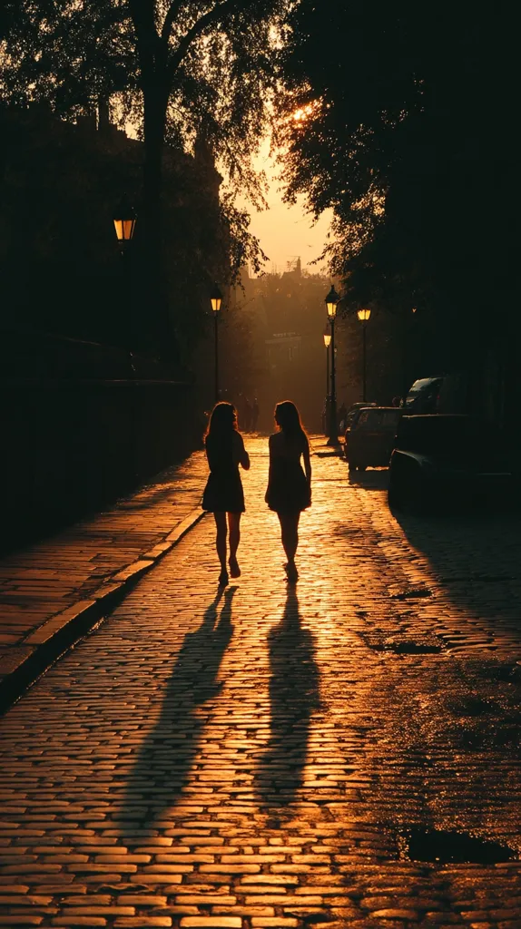 Two silhouetted figures, likely young women, stroll down a cobblestone street at sunset.  The warm light casts long shadows on the brick pavement.  Streetlamps illuminate the scene, lining the path under the canopy of trees.  The atmosphere is serene and peaceful, capturing a quiet moment in a city setting.